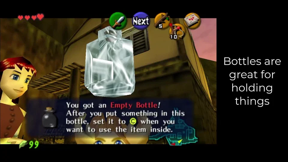 First bottle in Zelda Ocarina of Time - from Cucco Lady