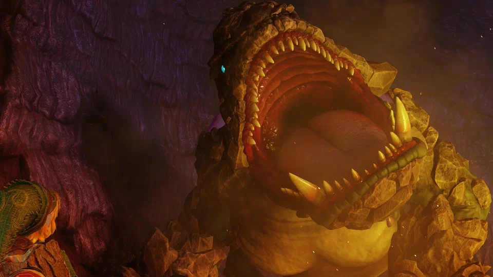 King Dodongo, a huge rock-armored lizard, mouth gaping wide to show rows of teeth and a massive tongue, one glowing cyan eye, with young Link small in the bottom-left corner in a dark purple-lit cavern