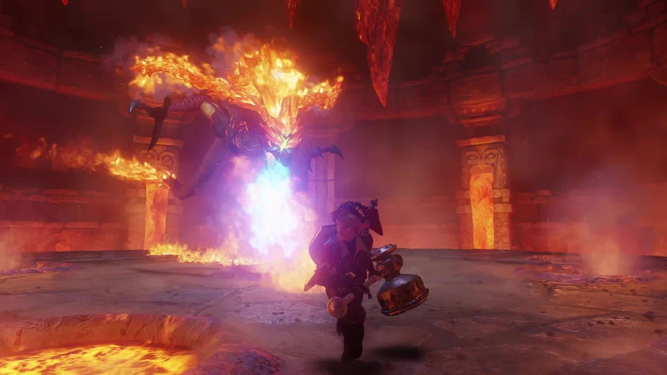 Volvagia, a serpentine fire dragon with a blazing mane, bursting up out of a lava hole in a blue-purple flare, as adult Link in the red Goron Tunic runs with the Megaton Hammer; lava pools, Goron-face pillars and stalactites around the arena