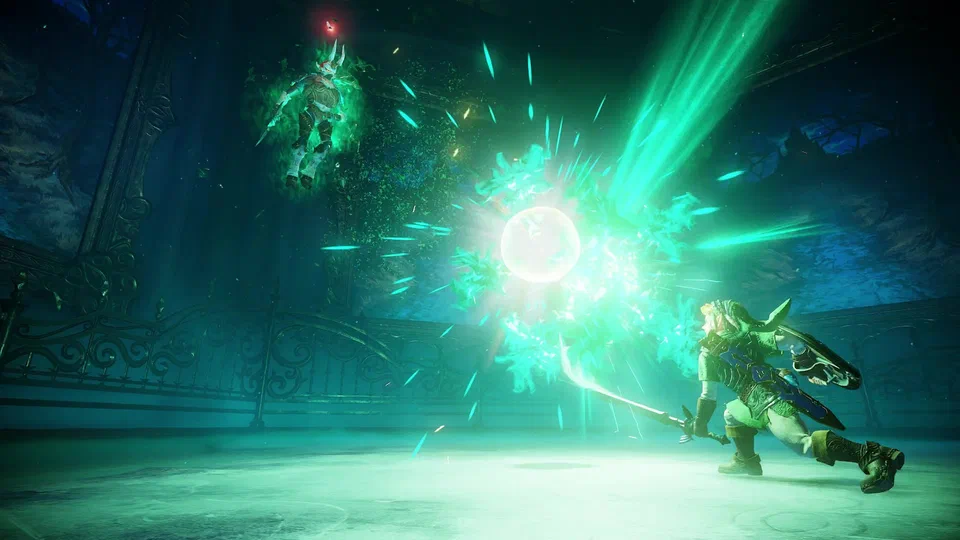 Phantom Ganon, a horned ghostly armored figure glowing green, floating high in the Forest Temple's painting-lined boss room and firing a huge green-white energy ball at adult Link, who lunges with the Master Sword to hit it back