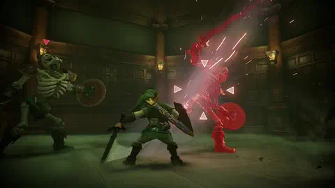 Adult Link with Master Sword and Hylian Shield facing two armored Stalfos skeletons in a dark wood-panelled Forest Temple room lit by hanging lanterns; one Stalfos is glowing red with sword raised