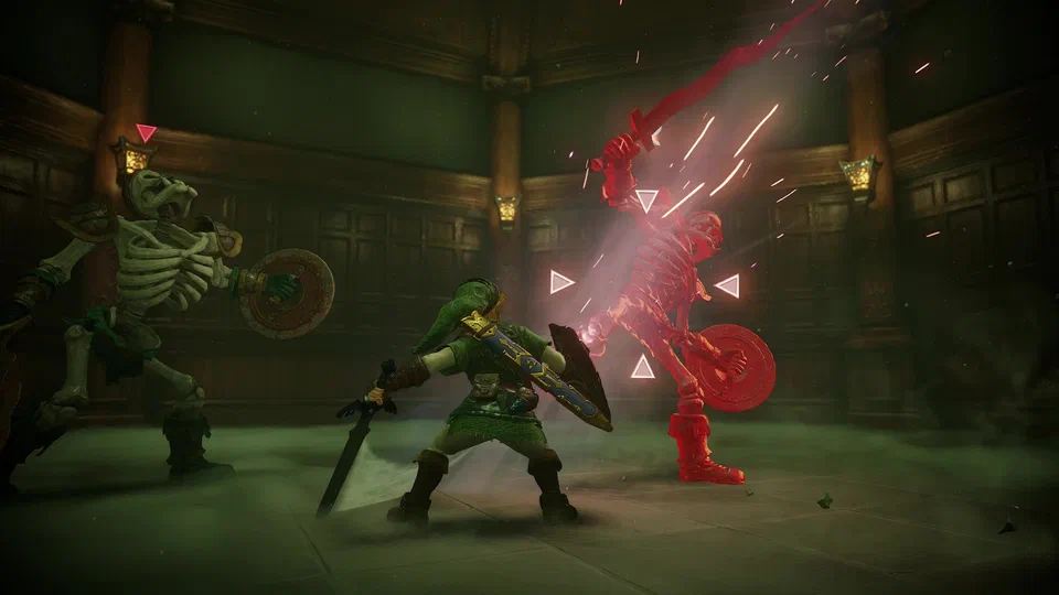 Adult Link with Master Sword and Hylian Shield facing two armored Stalfos skeletons in a dark wood-panelled Forest Temple room lit by hanging lanterns; one Stalfos is glowing red with sword raised