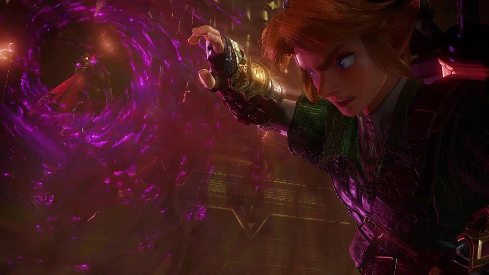 Adult Link in close-up, teeth bared, one golden-gauntleted hand raised, as a swirling vortex of purple magic with Ganondorf small at its center comes across the throne room toward him
