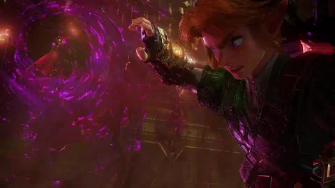 Adult Link in close-up, teeth bared, one golden-gauntleted hand raised, as a swirling vortex of purple magic with Ganondorf small at its center comes across the throne room toward him