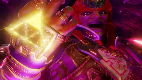 Ganondorf shouting in triumph, face lit magenta, holding up a blazing golden Triforce in one raised hand