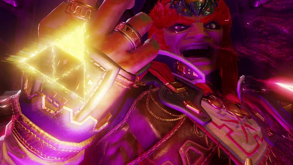 Ganondorf shouting in triumph, face lit magenta, holding up a blazing golden Triforce in one raised hand