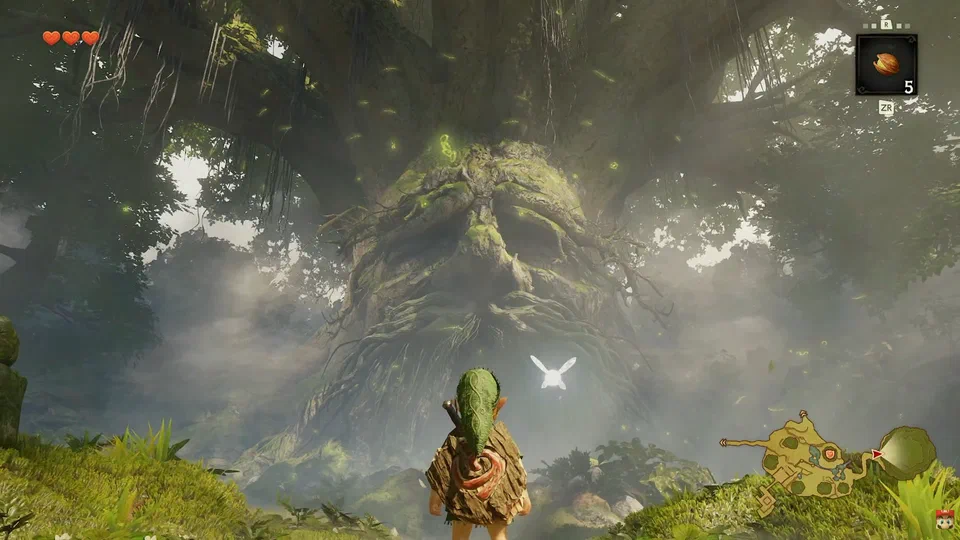 Link and Navi standing in the meadow looking up at the enormous, moss-covered face of the Great Deku Tree, glowing motes drifting through its canopy