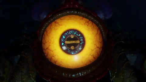 Extreme close-up of Queen Gohma's single enormous eye: yellow-orange and red-veined, a dark ringed pupil flecked with teal crystal, framed by red armored plating and ridged teeth-like edges