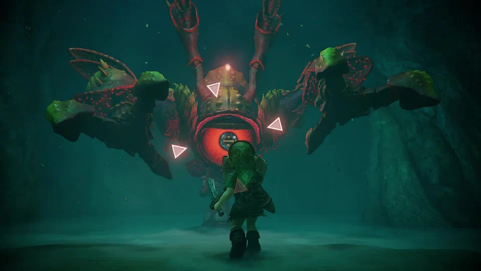 Queen Gohma rearing up in the misty teal boss room of the Deku Tree, a red-orange armored arachnid with four massive spiked limbs, her red eye glowing, tiny young Link in front with the Kokiri Sword and Deku Shield and a lock-on reticle on her