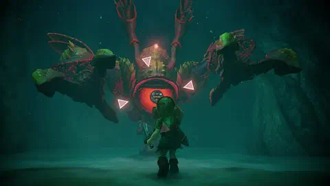 Queen Gohma rearing up in the misty teal boss room of the Deku Tree, a red-orange armored arachnid with four massive spiked limbs, her red eye glowing, tiny young Link in front with the Kokiri Sword and Deku Shield and a lock-on reticle on her