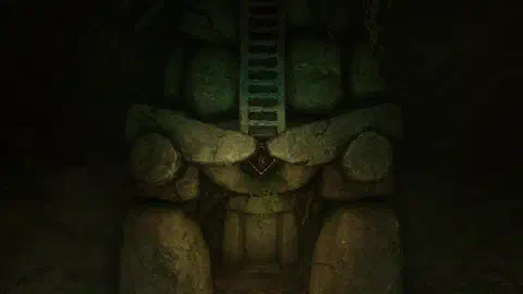 A mossy stone wall inside the Deku Tree: a ladder held up out of reach by two rock arms, with a glowing orange crystal target at the point where the arms meet, and a doorway below