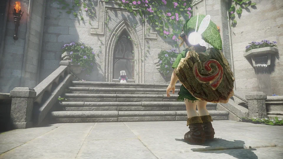 Young Link from behind in the Hyrule Castle courtyard, Deku Shield on his back, looking up a flight of stone steps to an ornate Gothic window framed in purple flowers, where a small figure in white and pink stands peering in