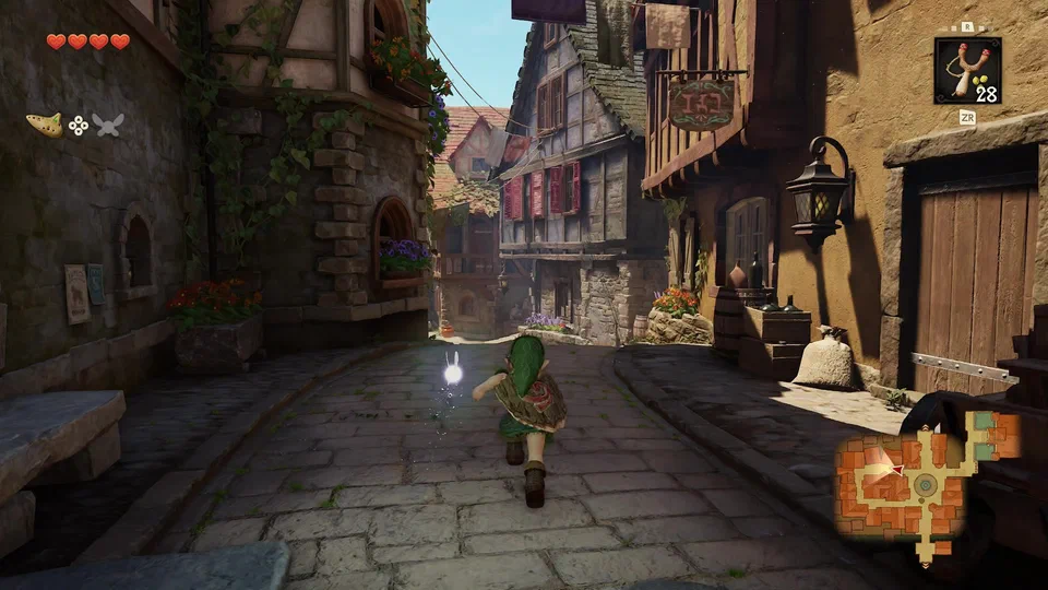 Link running down a narrow cobbled back alley between half-timbered houses with red shutters, a hanging shop sign in Hylian script, an iron lantern, barrels, sacks, and notices pinned to the wall