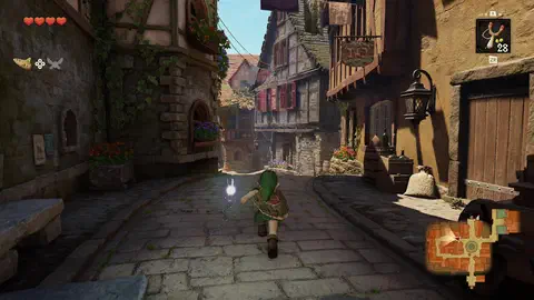 Link running down a narrow cobbled back alley between half-timbered houses with red shutters, a hanging shop sign in Hylian script, an iron lantern, barrels, sacks, and notices pinned to the wall