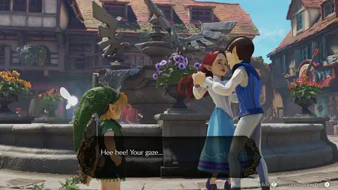 Link at the Market fountain, topped with a winged Hylian Crest statue, talking to a red-haired woman in a blue dress dancing with a man in a blue vest; the dialogue reads: Hee hee! Your gaze...