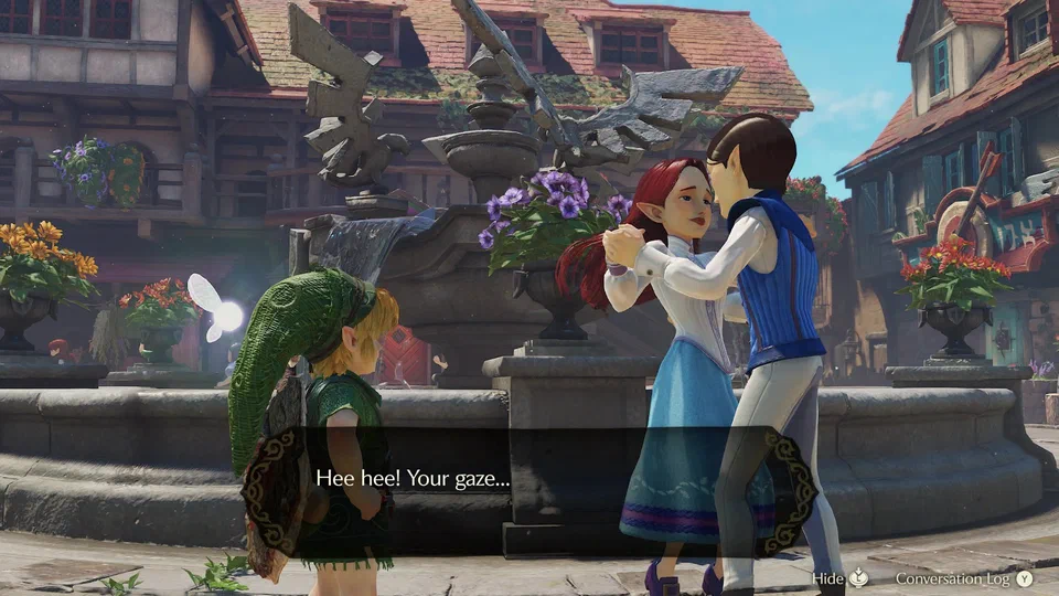 Link at the Market fountain, topped with a winged Hylian Crest statue, talking to a red-haired woman in a blue dress dancing with a man in a blue vest; the dialogue reads: Hee hee! Your gaze...