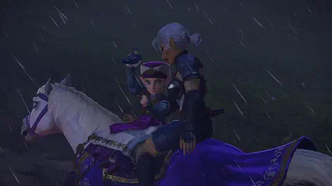Young Zelda on a galloping white horse in heavy night rain, Impa riding behind her, white ponytail and dark Sheikah armor; Zelda raises the blue Ocarina of Time in one hand, about to throw it