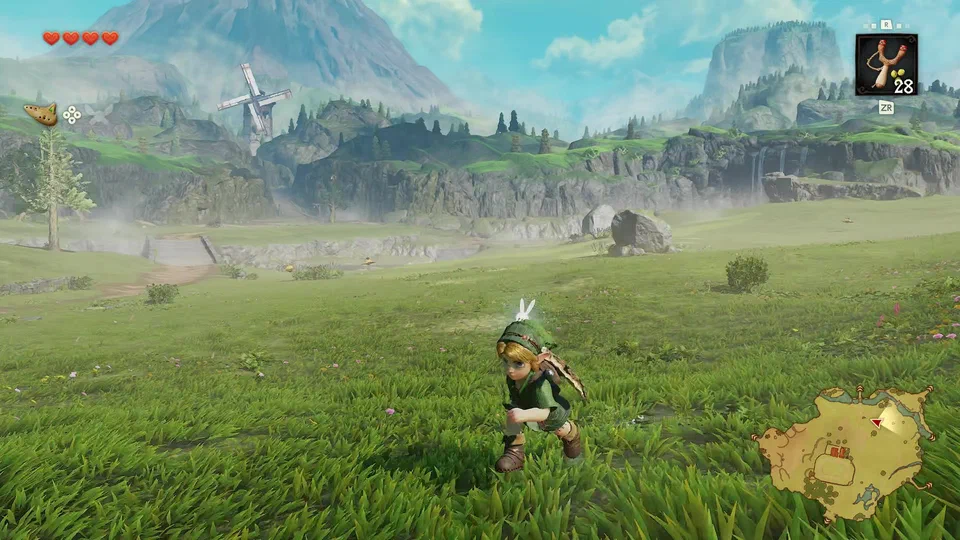 Link running through tall grass in Hyrule Field toward a cliff line, with the Kakariko windmill on the hill above and Death Mountain rising behind it