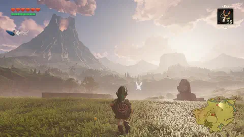 Link at golden hour in Hyrule Field facing Death Mountain, its crater smoking, the windmill silhouetted below; the HUD shows six hearts, a green magic meter, and a blue ocarina