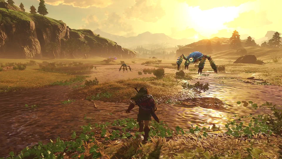 Adult Link at sunset wading through a shallow flooded stream in Hyrule Field, Hylian Shield on his back, facing a large blue one-eyed Tektite with a smaller one behind it, cliffs and pines around