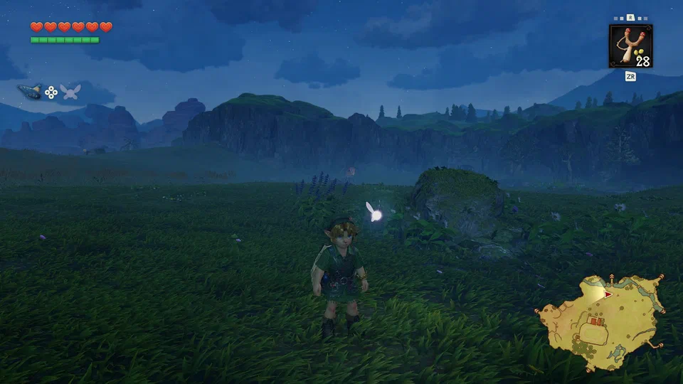 Link standing in Hyrule Field at night under a starry, cloud-streaked deep blue sky, the western mesas and cliffs silhouetted behind him, Navi glowing beside him