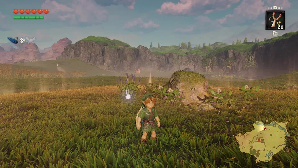 The same spot in Hyrule Field a moment later at dawn: pink clouds, low golden sunlight across the grass, Link and Navi standing where they were