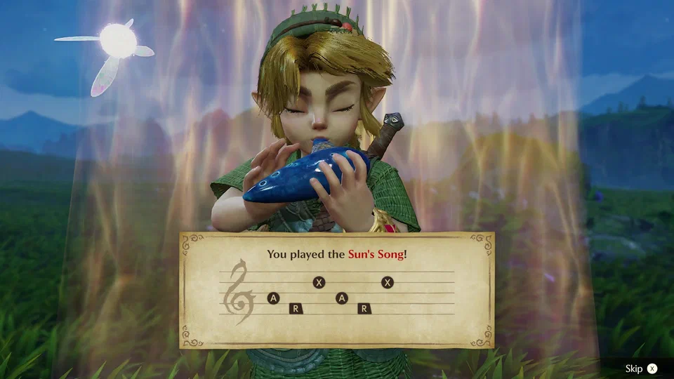 Cinematic close-up of Link, eyes closed, playing the blue Ocarina of Time as golden light streams up around him; a parchment panel reads You played the Sun's Song! with the notes shown on a staff as A, R, X, A, R, X button icons