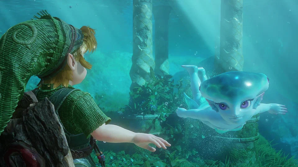 Underwater at Zora's Fountain: young Link from behind reaching out a hand toward Princess Ruto, a young Zora with a smooth blue-teal head, fins and large violet eyes, swimming toward him with arms outstretched between sunlit stone columns