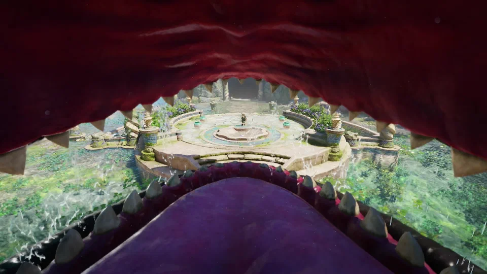 View from inside Jabu-Jabu's open mouth looking out: the red roof of the mouth and rows of teeth framing Zora's Fountain, a circular stone platform with a Zora-emblem fountain at its center where a tiny young Link stands, blue-tiled columns and purple flowers around it