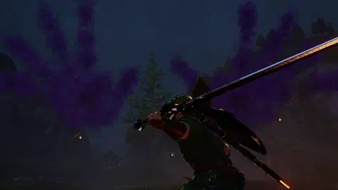 Adult Link at night in the rain in Kakariko Village, Master Sword drawn and swung high, as enormous shadowy purple hands and tendrils rise up around him against the dark sky, lanterns and village rooftops behind