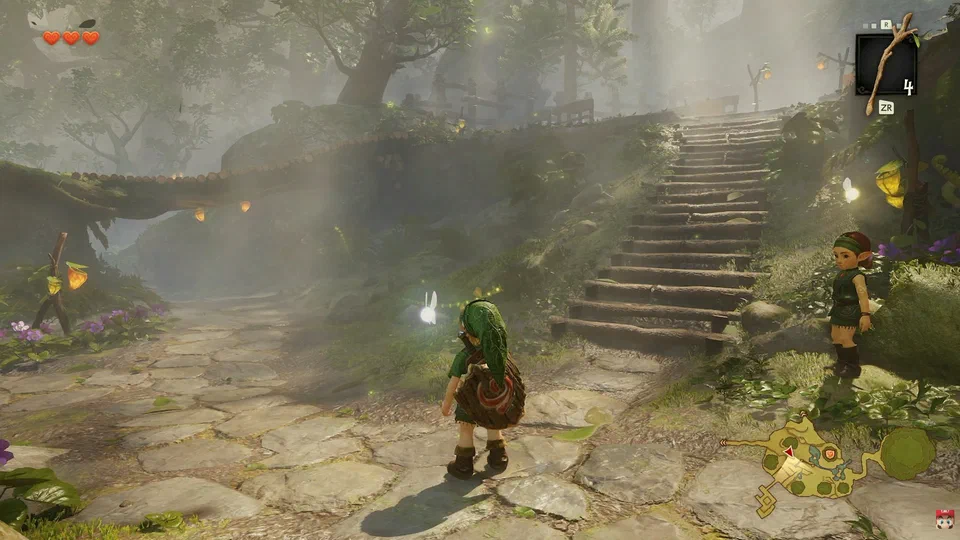Link and Navi at the foot of log stairs in the remade Kokiri Forest, a Kokiri standing to the right, lanterns hanging from tree branches