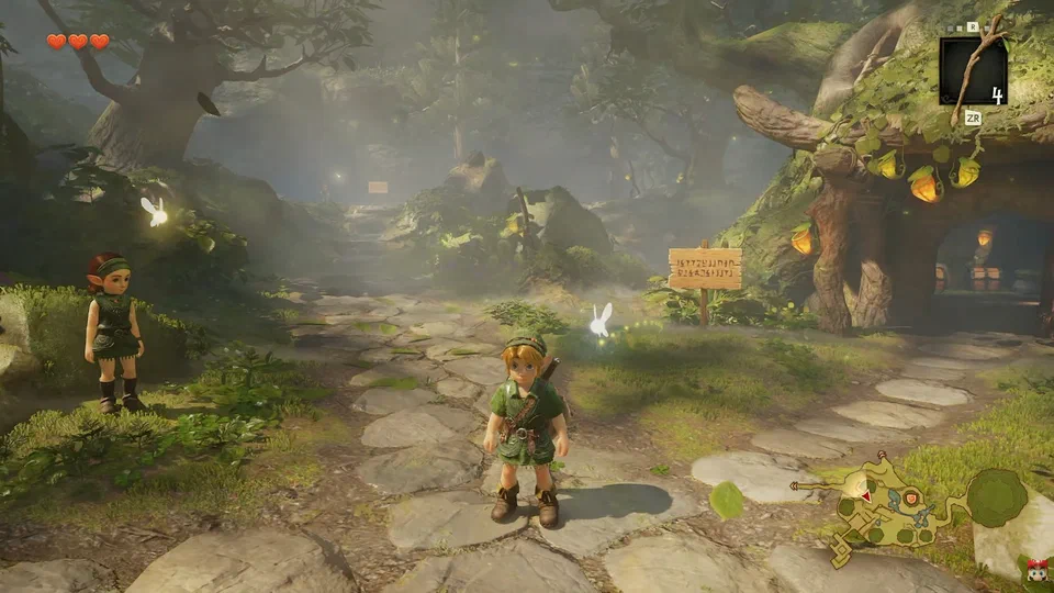 Link facing the camera on the stone path through Kokiri Forest, with a Kokiri house built into a tree on the right and a signpost in Hylian script