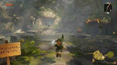 Link in mid-air jumping across the stream in Kokiri Forest, Navi beside him, a Hylian signpost in the foreground