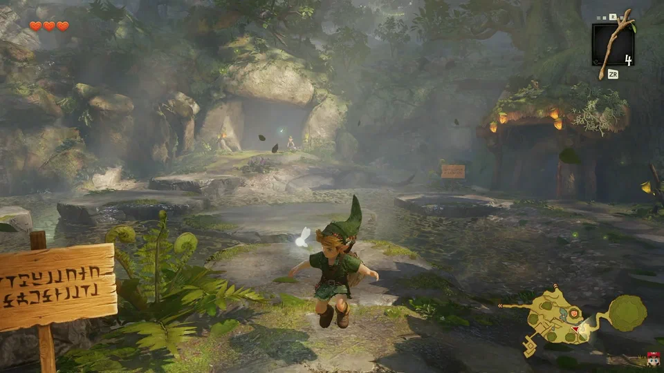 Link in mid-air jumping across the stream in Kokiri Forest, Navi beside him, a Hylian signpost in the foreground