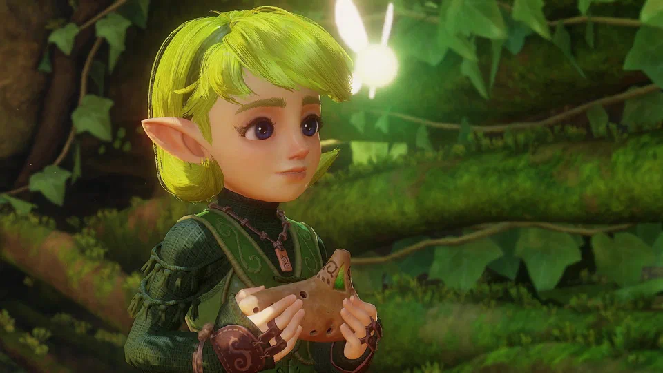 Close-up of Saria, bright green hair and large violet eyes, gently smiling as she holds out the wooden Fairy Ocarina with both hands, her fairy glowing behind her shoulder
