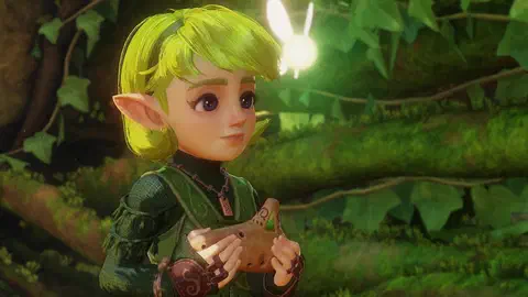 Close-up of Saria, bright green hair and large violet eyes, gently smiling as she holds out the wooden Fairy Ocarina with both hands, her fairy glowing behind her shoulder