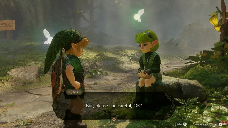 Close-up of Link talking to Saria, who is sitting on a rock; a dialogue box reads: But, please...be careful, OK?