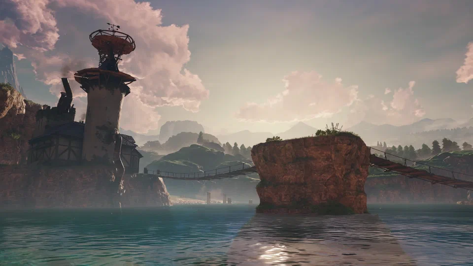 Cinematic view of Lake Hylia at dusk: the Lakeside Laboratory's tall white tower with a rickety rooftop observatory and weathervane on the left, two rope suspension bridges reaching a large grassy rock island in the middle of the lake, mountains and the Gerudo mesa beyond
