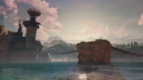 Cinematic view of Lake Hylia at dusk: the Lakeside Laboratory's tall white tower with a rickety rooftop observatory and weathervane on the left, two rope suspension bridges reaching a large grassy rock island in the middle of the lake, mountains and the Gerudo mesa beyond