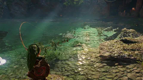 Young Link with the Deku Shield at the edge of the Fishing Pond, rod bent hard and line taut as a fish thrashes at the surface in a patch of green-lit water, the fishing hut and its owner in the background