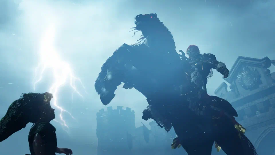 Young Link in the foreground looking up as Ganondorf on a rearing black horse looms against a lightning-lit storm sky, Hyrule Castle's towers and gatehouse behind