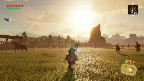 Lon Lon Ranch at sunset: Link walking into the fenced corral as several horses gallop past, the ranch's stone tower silhouetted against a low sun, mountains behind