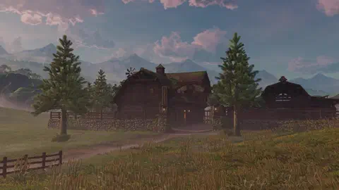 Cinematic exterior of Lon Lon Ranch from Hyrule Field at dusk: a big timber barn with a small windmill on its roof, a carved wooden sign in Hylian over the gate arch, lit lanterns, stone-and-timber walls, a thatched stable to the right, pines and mountains behind