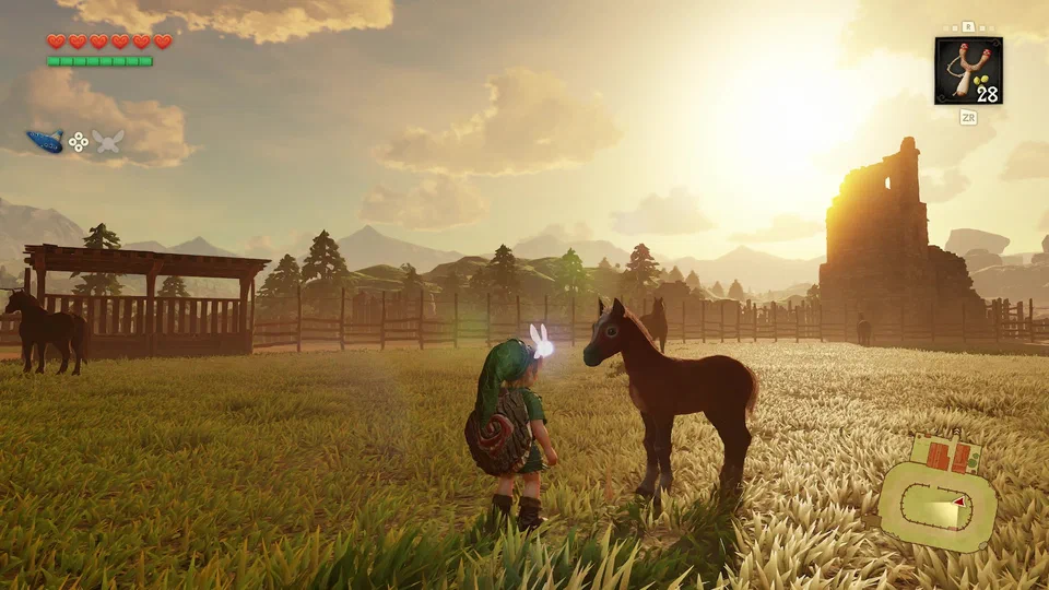 Young Epona, a brown foal with a white blaze, standing nose to nose with young Link in the golden sunset grass of Lon Lon Ranch, Navi hovering between them