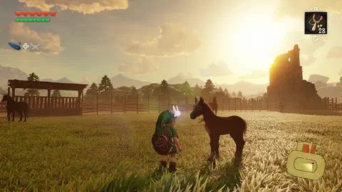 Young Epona, a brown foal with a white blaze, standing nose to nose with young Link in the golden sunset grass of Lon Lon Ranch, Navi hovering between them