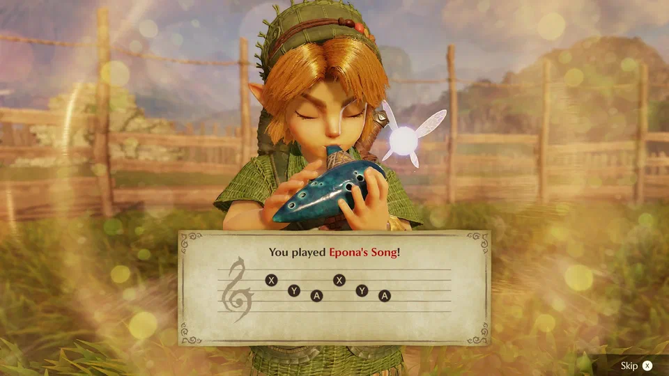 Cinematic close-up of Link playing the Ocarina of Time at Lon Lon Ranch, ranch fences soft-focus behind him; a parchment panel reads You played Epona's Song! with the notes X, Y, A, X, Y, A on a staff