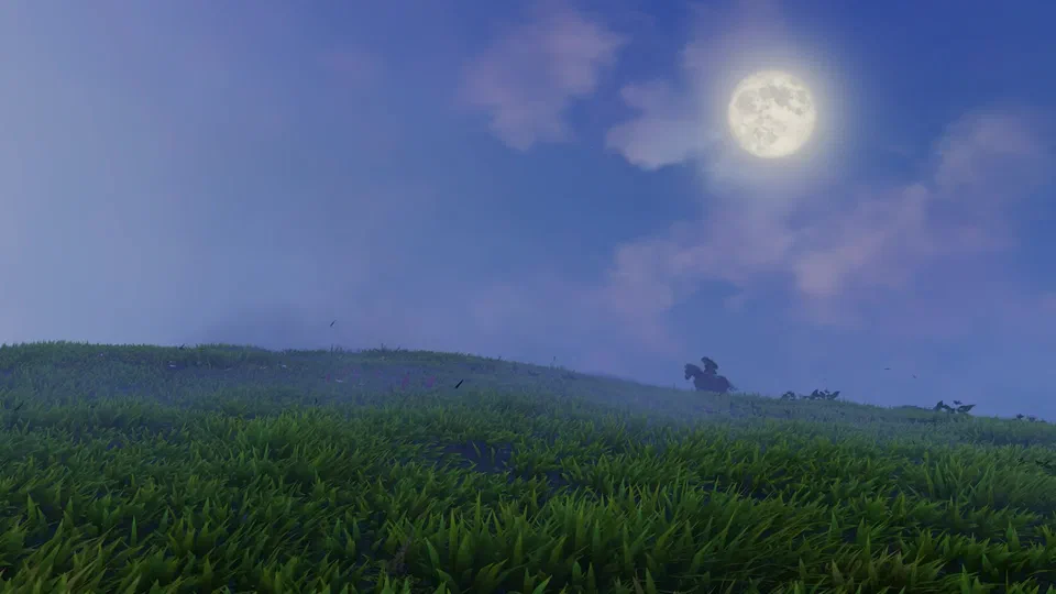 A moonlit grassy ridge at night under a full moon and misty blue sky, with a tiny silhouette of a rider on horseback cresting the hill