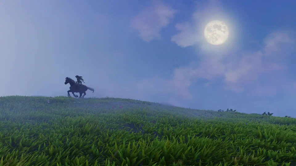 Closer view of the silhouetted rider galloping along the moonlit ridge, cap and hair streaming, the full moon in the upper right