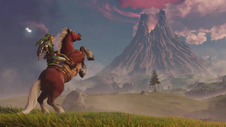 Adult Link on a rearing Epona in Hyrule Field, Death Mountain rising behind them with a red swirling ring cloud around its smoking peak, the Kakariko windmill small in the distance