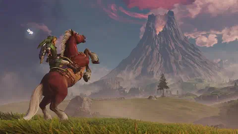 Adult Link on a rearing Epona in Hyrule Field, Death Mountain rising behind them with a red swirling ring cloud around its smoking peak, the Kakariko windmill small in the distance